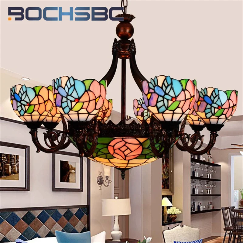 BOCHSBC Tiffany style stained glass simple Mediterranean Lotus bird chandelier Pendant lamp Living Room Restaurant Hotel decor