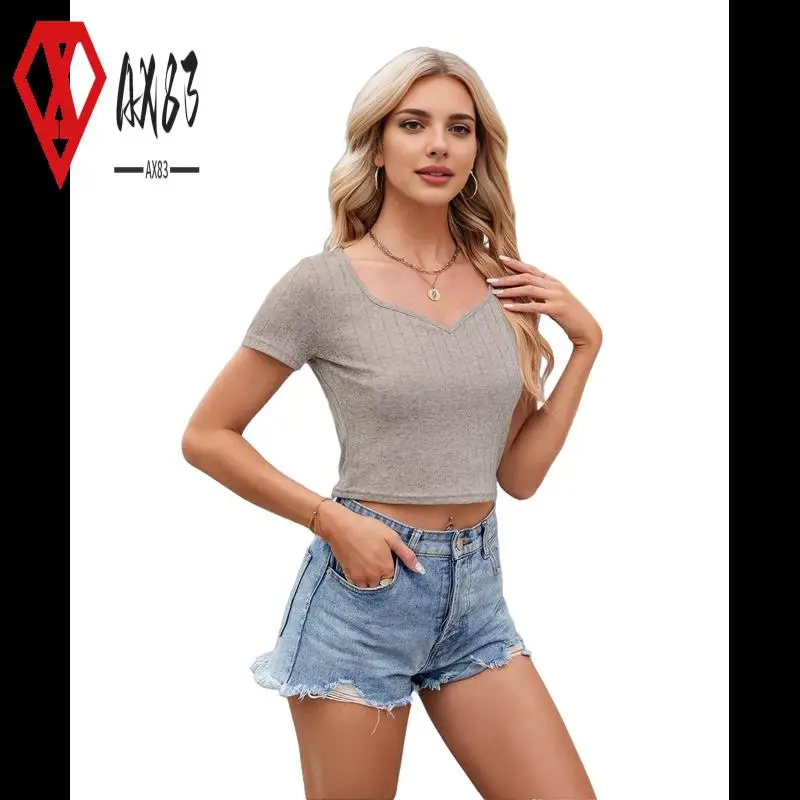 

AX83-Women's T-Shirt Spring And Summer V-Neck Popular Short-Sleeved Tops Trend Slim Navel Casual Women's Shirt