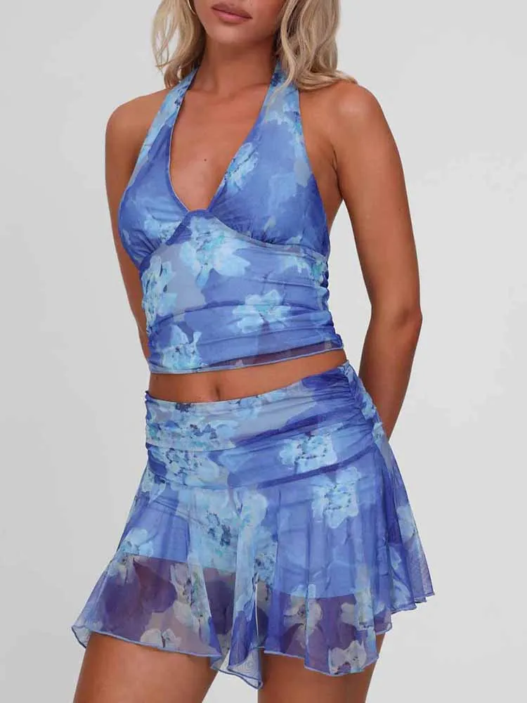 

Whatiwear Mesh Patchwork 2 Piece Set Women Flower Print Halter Low-Neck Backless Tops+Ruffles Skirts Vacation Elegant Outfits
