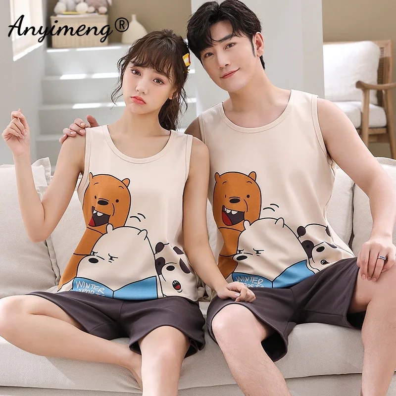 Paar Ärmellose Mode Pyjama Sets Cartoon Ente Druck Kawaii Nachtwäsche Junge Männer und Frauen Homewear Student der Pyjamas