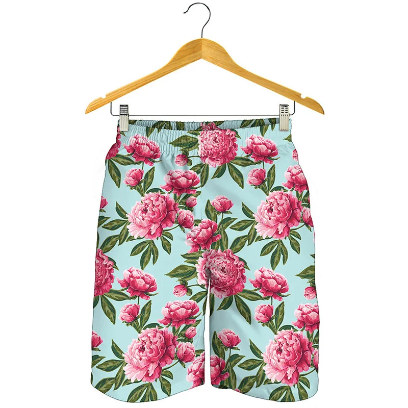 Vintage Pink Peony Floral Beach Shorts Men 3D Printed Plants Street Short Pants Surf Board Shorts Summer Quick Dry Swim Trunks