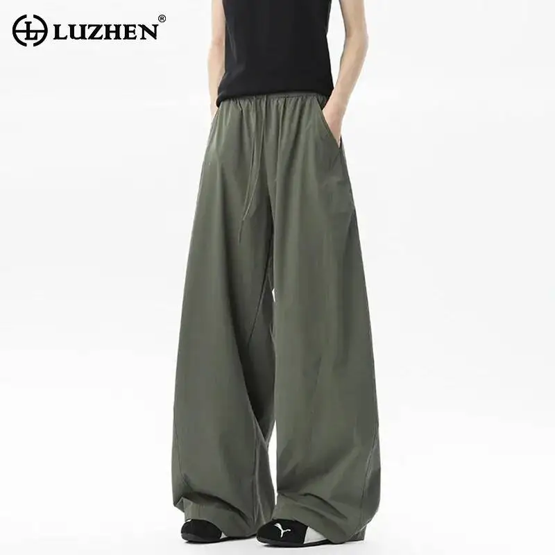 LUZHEN Ice Silk Quick-dry Casual Pants 2026 New Solid Color Loose Elastic Waist Straight Trousers Men's Handsome Wide Leg JY7484