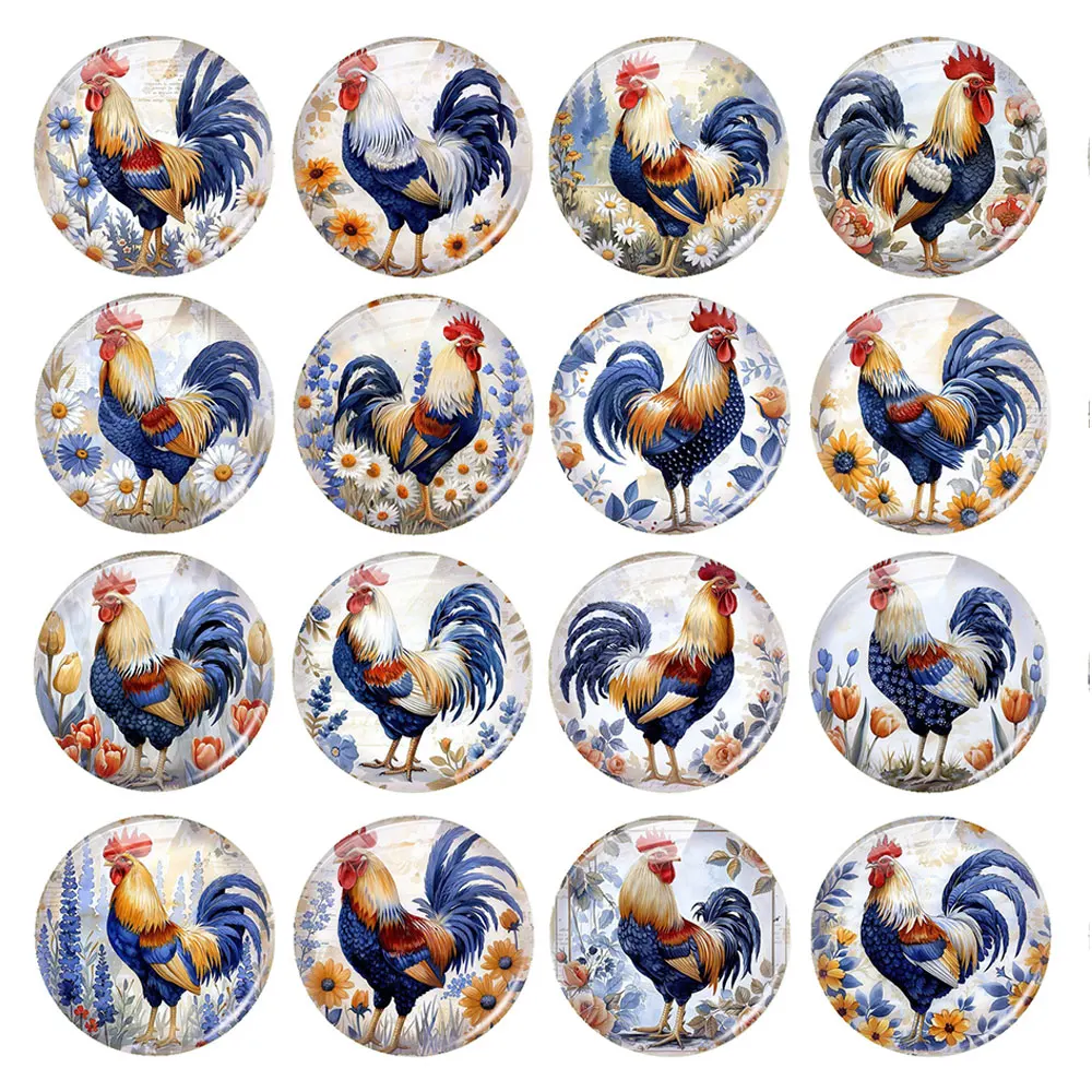 Random Mixed Round/Oval/Square Blue Farm Rooster Floral Country Photo Glass Cabochon Flatback Demo Cameo For Diy Jewelry Making