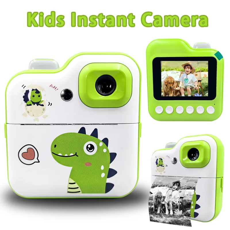 Cartoon Dinosaur Camera Toy Children Digital Camera Instant Thermal Print Camera Photo Printing Camera Video Toy+32G Memory Card