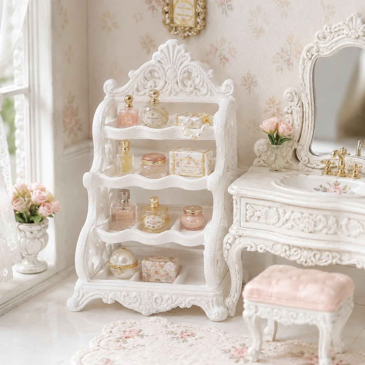 Miniature carved shelves, four-layer compartmentalized storage rack, dollhouse entrance furniture decorative accessories.