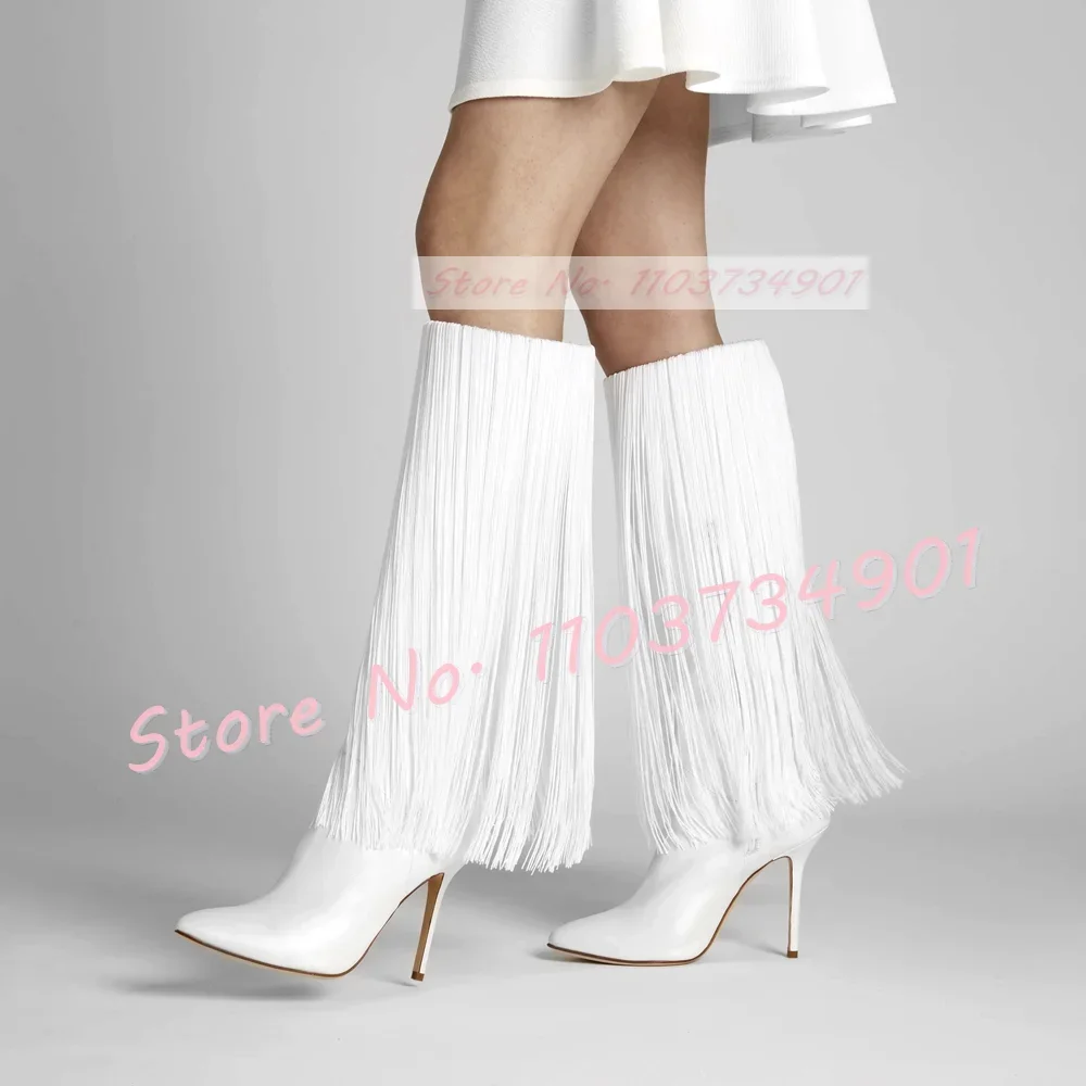 

Теплые белые сапоги до колена с бахромой, женская модная обувь с острым носком на тонком высоком каблуке, женские сапоги из матовой кожи, уличная одежда