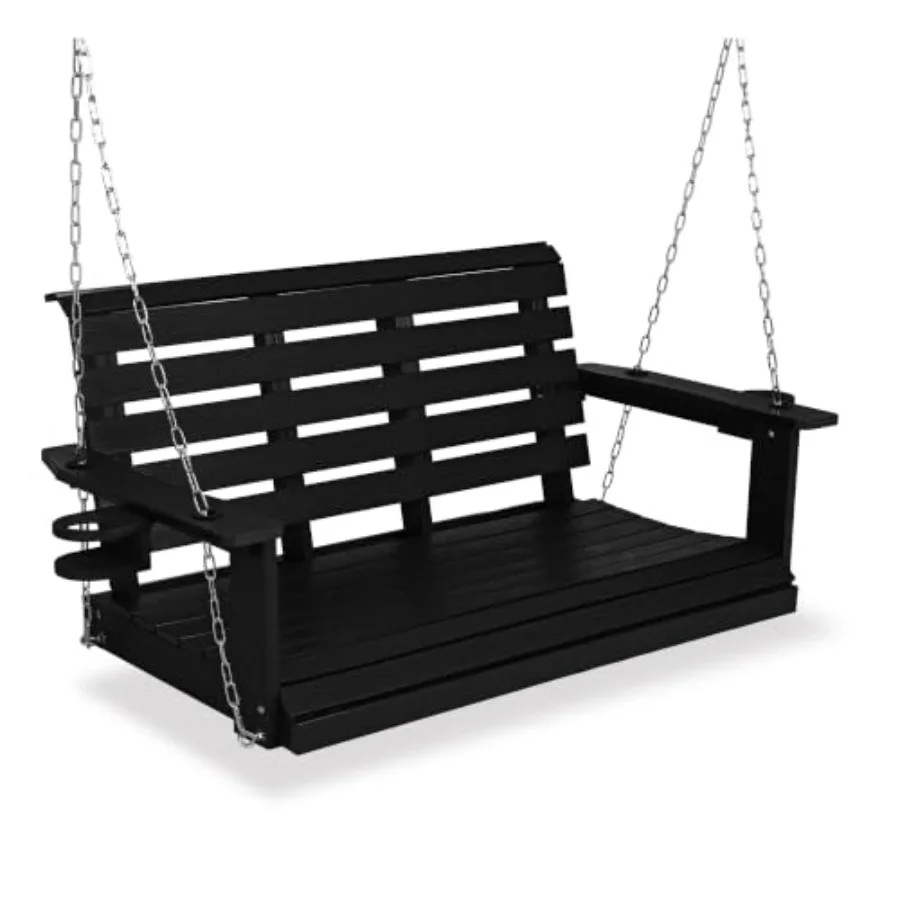 Porch swing for outdoor use, poly lumber material, gray color, weather-resistant with foldable cup holders and high backrest