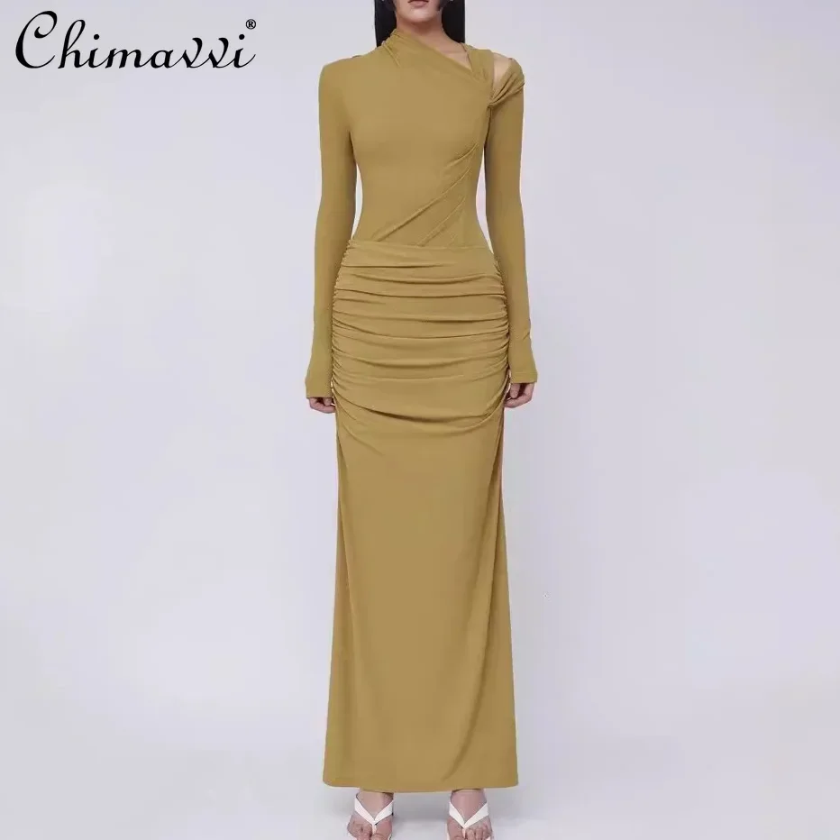 

French Temperament Elegant Sexy Slant Shoulder Long Sleeve High Waist Slim Fit Hip-Wrapped Pleated Long Dress for Women Autumn