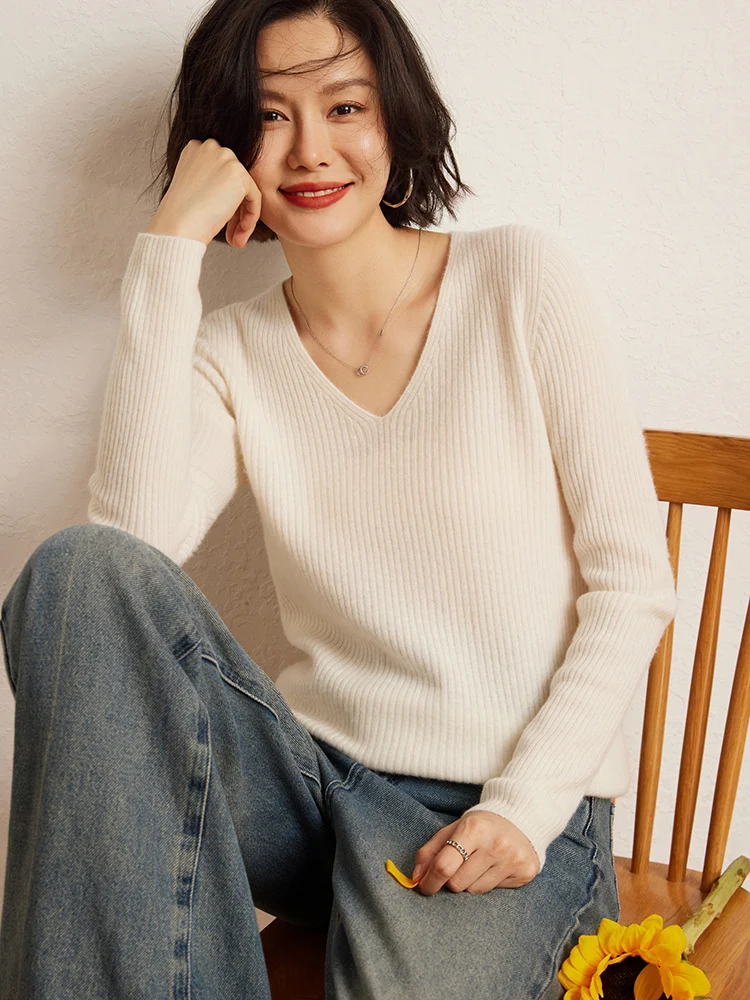 

New Chic Soft Warm V-Neck Knitted Pullover Solid Color Basics Slim Fit 100% Cashmere Sweater Autumn Winter Office Woman Clothing