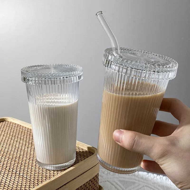 ins Style Simple Vertical Stripe with Lid Suction Tube Cup High Color Value Water Cup Milk Coffee Cup Beverage Cup Ice Coffee Cu