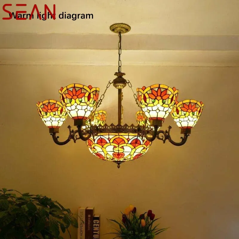 SEAN Tiffany European Living Room PendantLamp Vintage Creative Color Glass restaurant Bedroom Hotel Chandelier