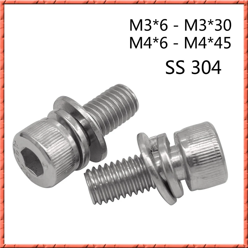 Boulon à tête creuse hexagonale en acier inoxydable, vis à tête cylindrique SEMS, Din912, 3 boulons, M3 figuré * 6-45, 50 pièces par lot