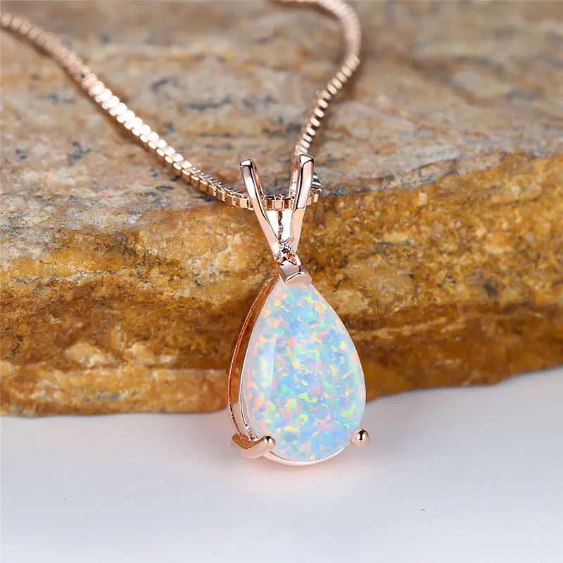 Boho Female Small White Opal Water Drop Pendant Necklace Rose Gold Color Wedding Jewelry For Women