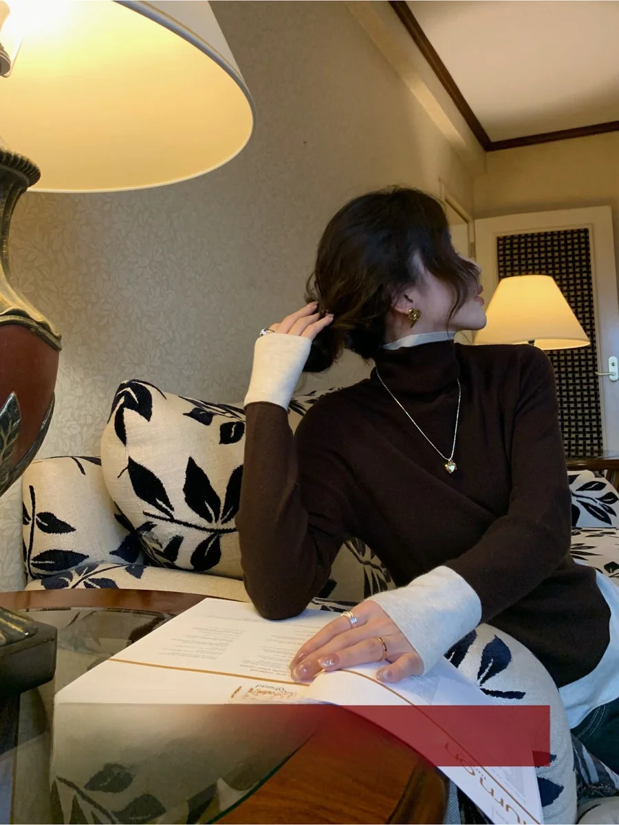 

Цветной свитер-имитация двойки из шерстяной смеси с высоким воротом, корейский крой, длинный рукав, для повседневной носки, зимний топ