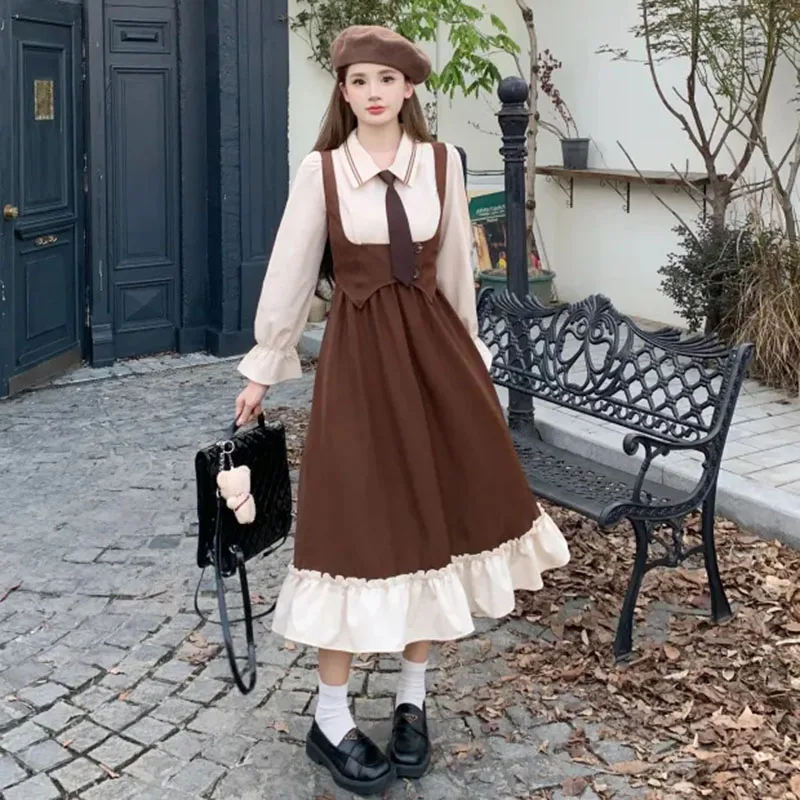 Fake Two Piece Dress Women Elegant Tie Retro Sweetheart Dress Preppy Style Long Sleeve Brown Female Ruffles Knee Skirt