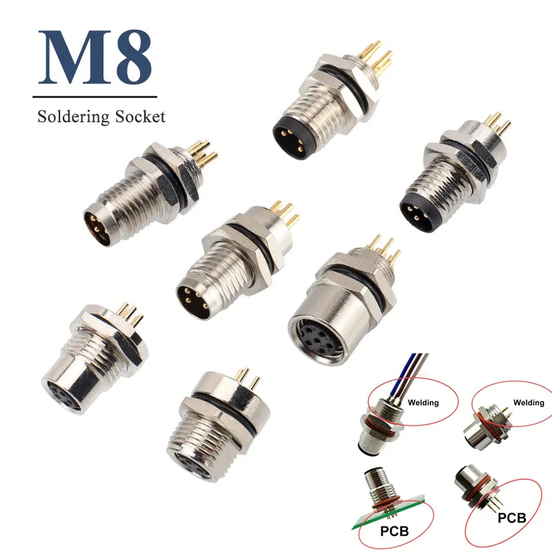 M12 Front Panel/Back Panel Aviation Socket PG9 PCB Plug-in Type Plug 2 3 4 5 6 8 12 17 Pin Male Female 16mm Soldering Sensor