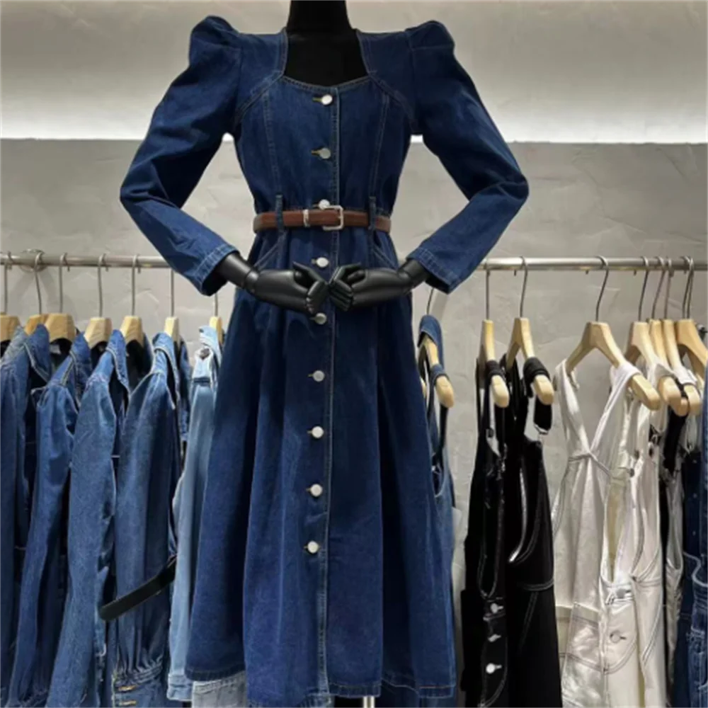 

Vintage denim dress temperament a line belt women long dress 2023 new Lapel single-breasted casual