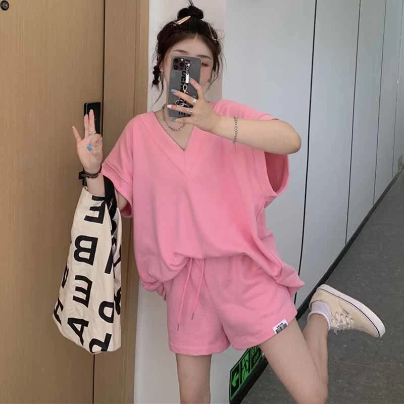 Zestawy damskie T-shirty Bandaż Solidny dekolt w szpic Krótki rękaw Luźny koreański styl Moda Szorty Lato All-match Шорты Женские Летние