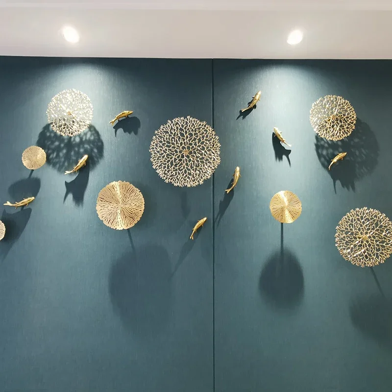 Background Home Decoration Wall Hanging Copper Pendant Metal Hollow Out Coral Lotus Leaf Fish Pond Goldfish Wall Decoration