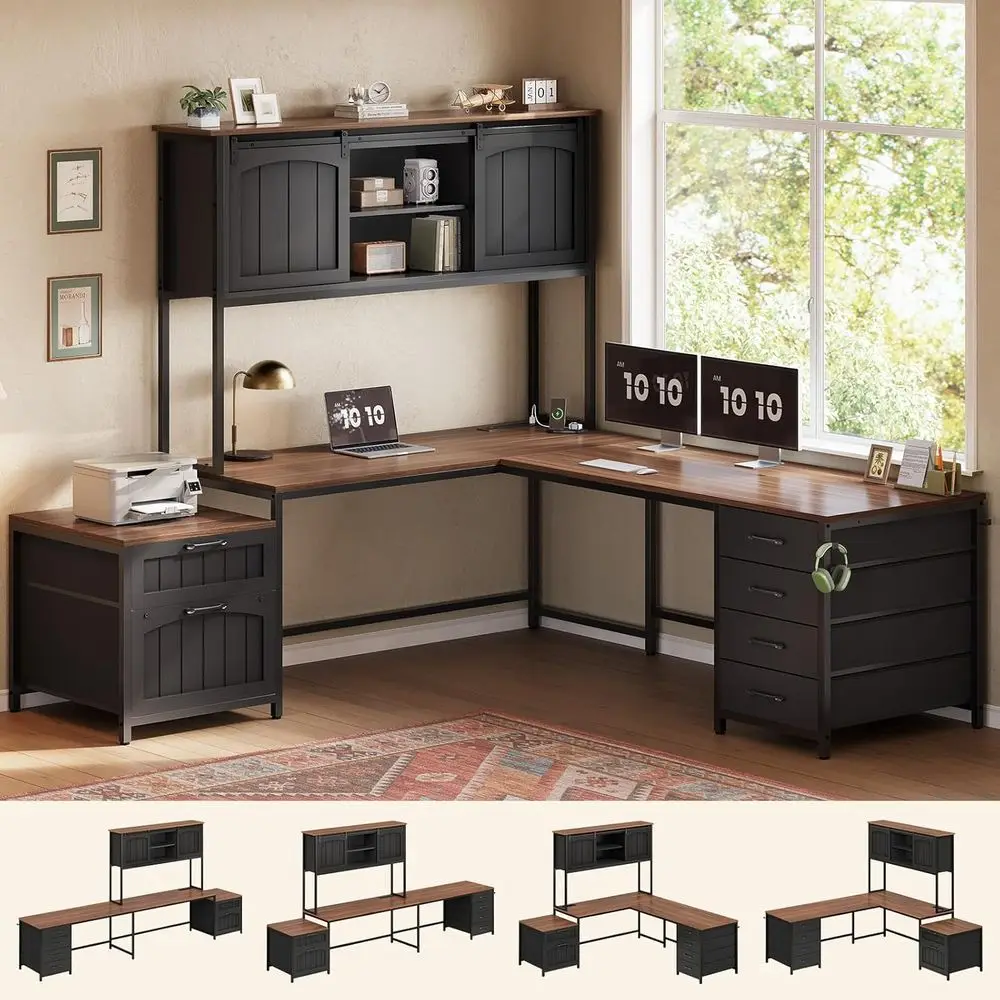 L Shaped Office Desk with 6 Drawers, Reversible Computer Desk with Power Outlet, Hutch or Home Office/Two Person, Desk with File