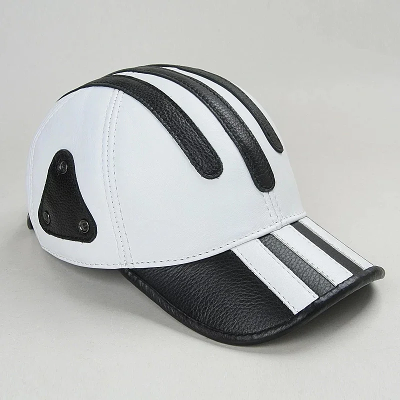 Genuine Leather Golf Hat For Men Casual Outdoor White Black Patchwork Baseball Cap Male Thin Duck Tongue Chic Trucker Casquette