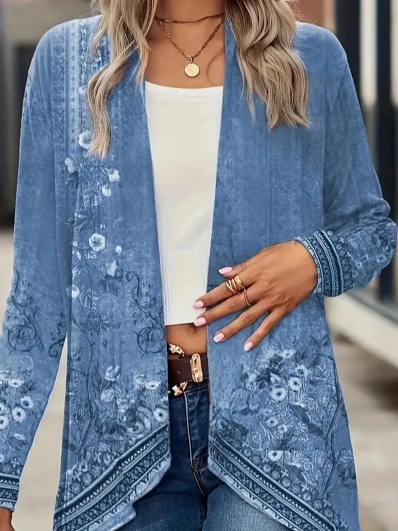 1XL-5XL Plus Size Casual Ethnic Style Printed Long Sleeve Cardigan Fashion and Versatile Irregular Hem Long Sleeved Cardigan