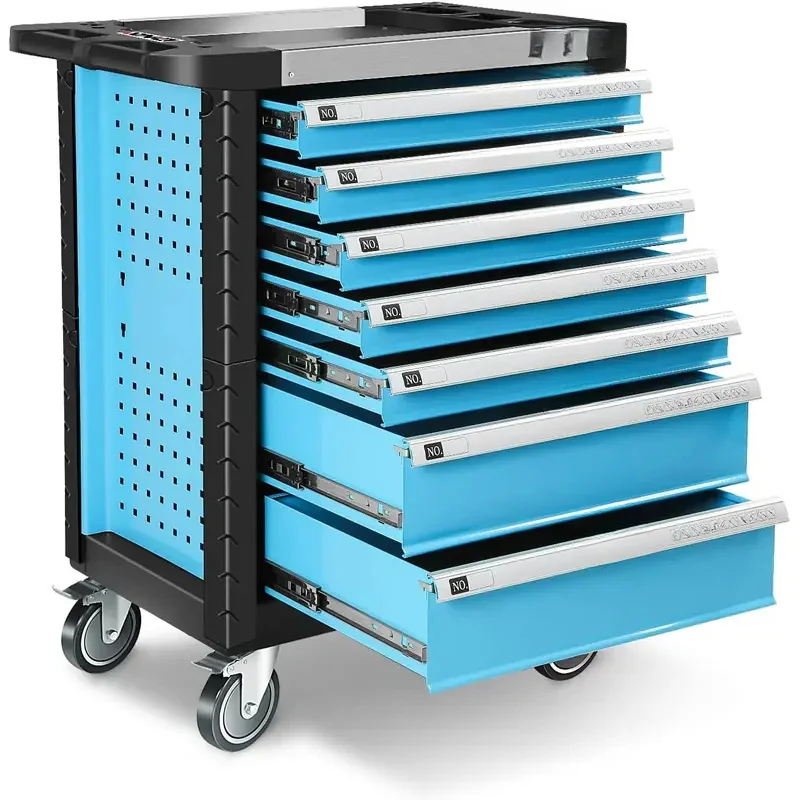 Carrello portautensili a 7 cassetti con serratura per carichi pesanti, armadietto con ruote con chiavi, 39"A x 30"L x 18"P, Blu (TOOLS-00482)