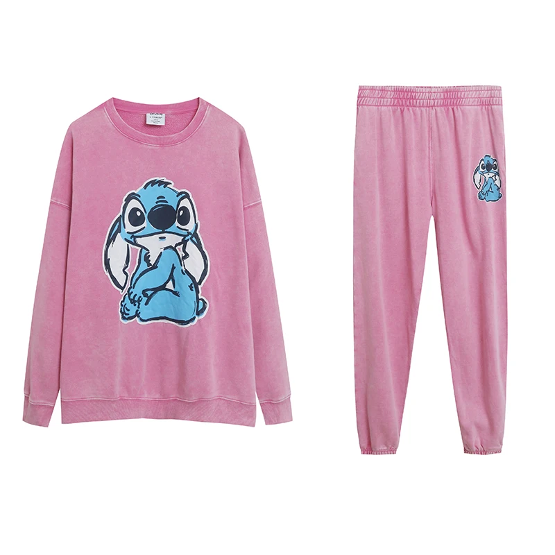 

Adorable Cartoon Washed Vintage round Neck Sweet Anti-aging Sweatshirt Set Loose Fit Side Pocket Sweatpants Ensemble