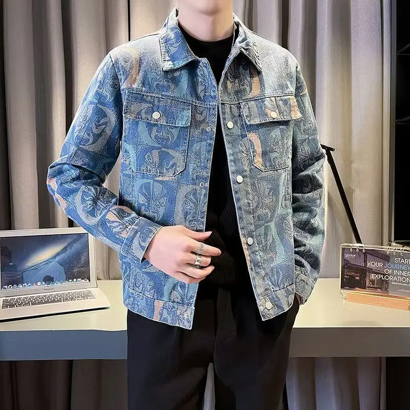 Spring Autumn High Quality Men\'s Fashion Casual Jacket Cowboy Lapel Coat Jacquard pattern Plaid Tops Men Denim jackets