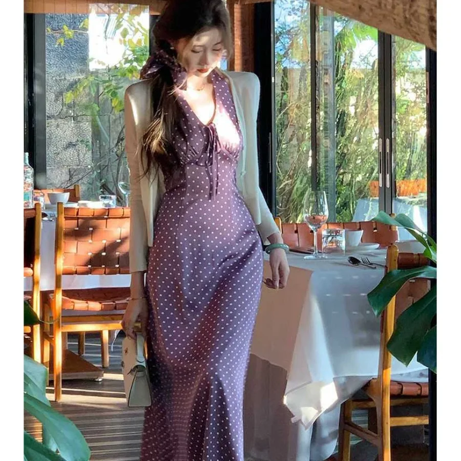 

【New style】Purple polka dot back-hanging neck dress for women's summer high-quality figure-fitting dress for hot-girl style wai