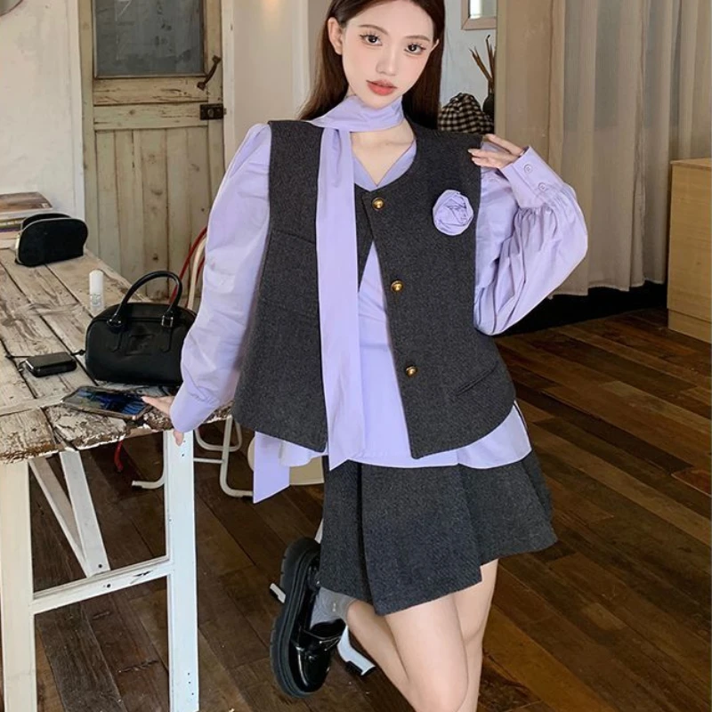 2024 Winter Elegant Versatile Vest Strap Long Sleeve Shirt Grey Folded Half Skirt for Women Autumn Winter Fashion Popular Set