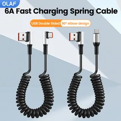6A Fast Charging Spring Cable USB Type C 90° Elbow Car Phone Charger Cable For Samsung Xiaomi Huawei C to C Cable For iPhone 15