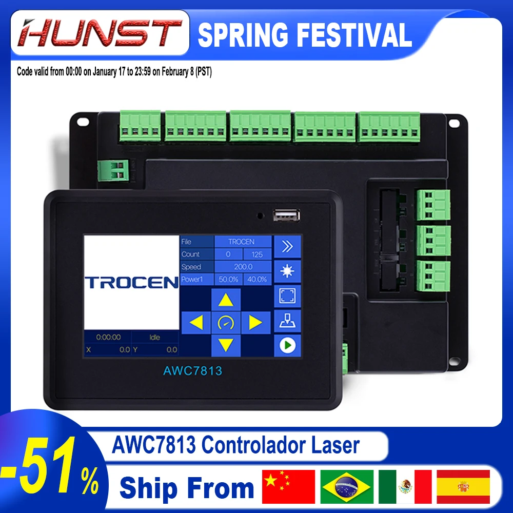 Hunst-CNC Control Motherboard System for Laser Cutting Machine, Controller Board Trocen, CO2, AWC7813, AWC708S