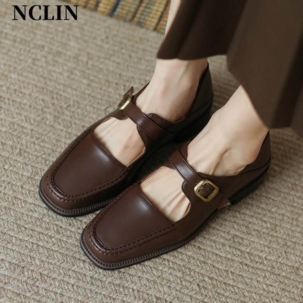 

NCLIN Women Pumps Spring Autumn Retro Metal Buckle Low Heels Comfortable Concise Loafers Shoes Woman Working Casual Newest