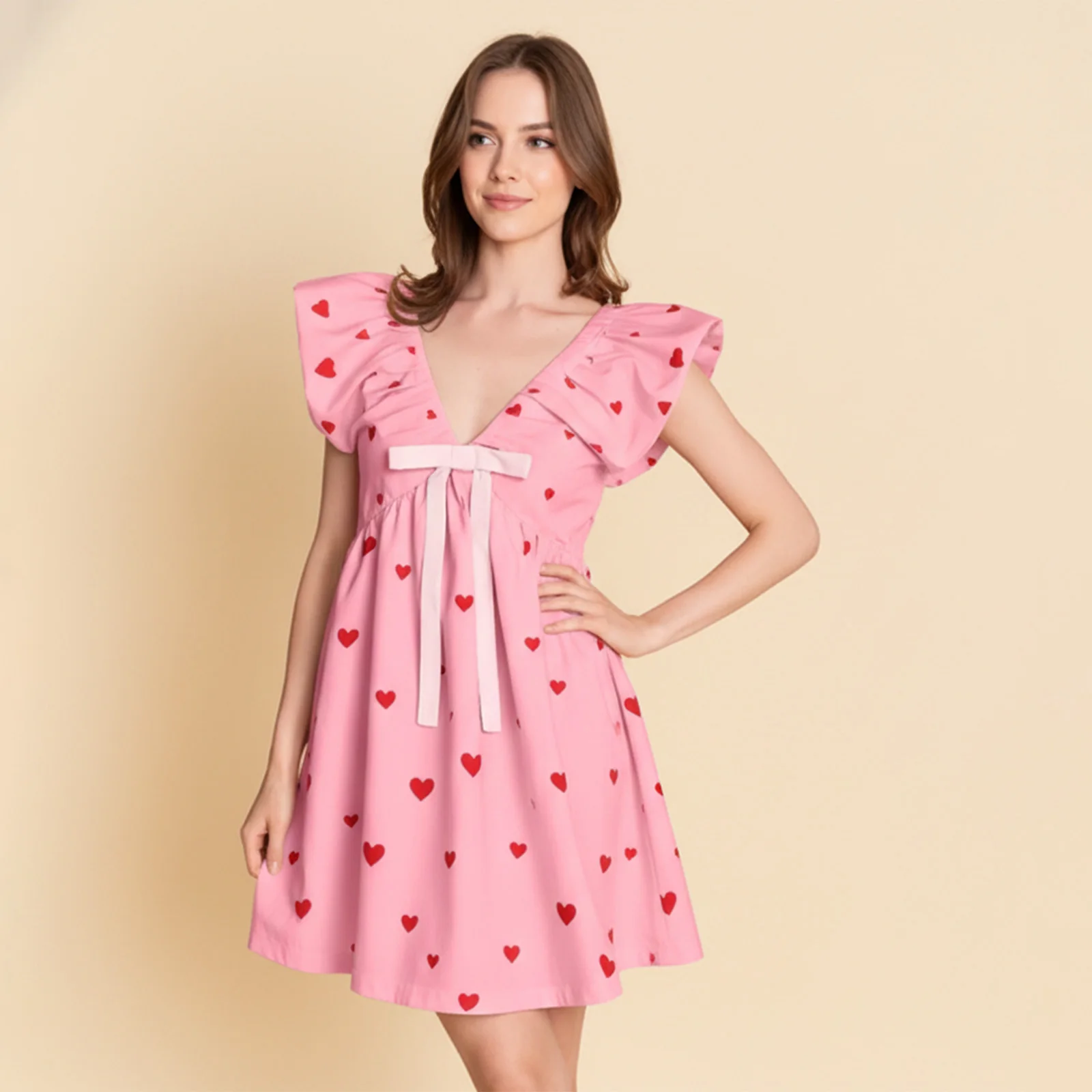 Sommer-Minikleid für Damen mit Schleifenapplikationen, stilvolles A-Herz-Aufdruck vorne, Schleife mit fliegenden Ärmeln und V-Ausschnitt in A-Linie