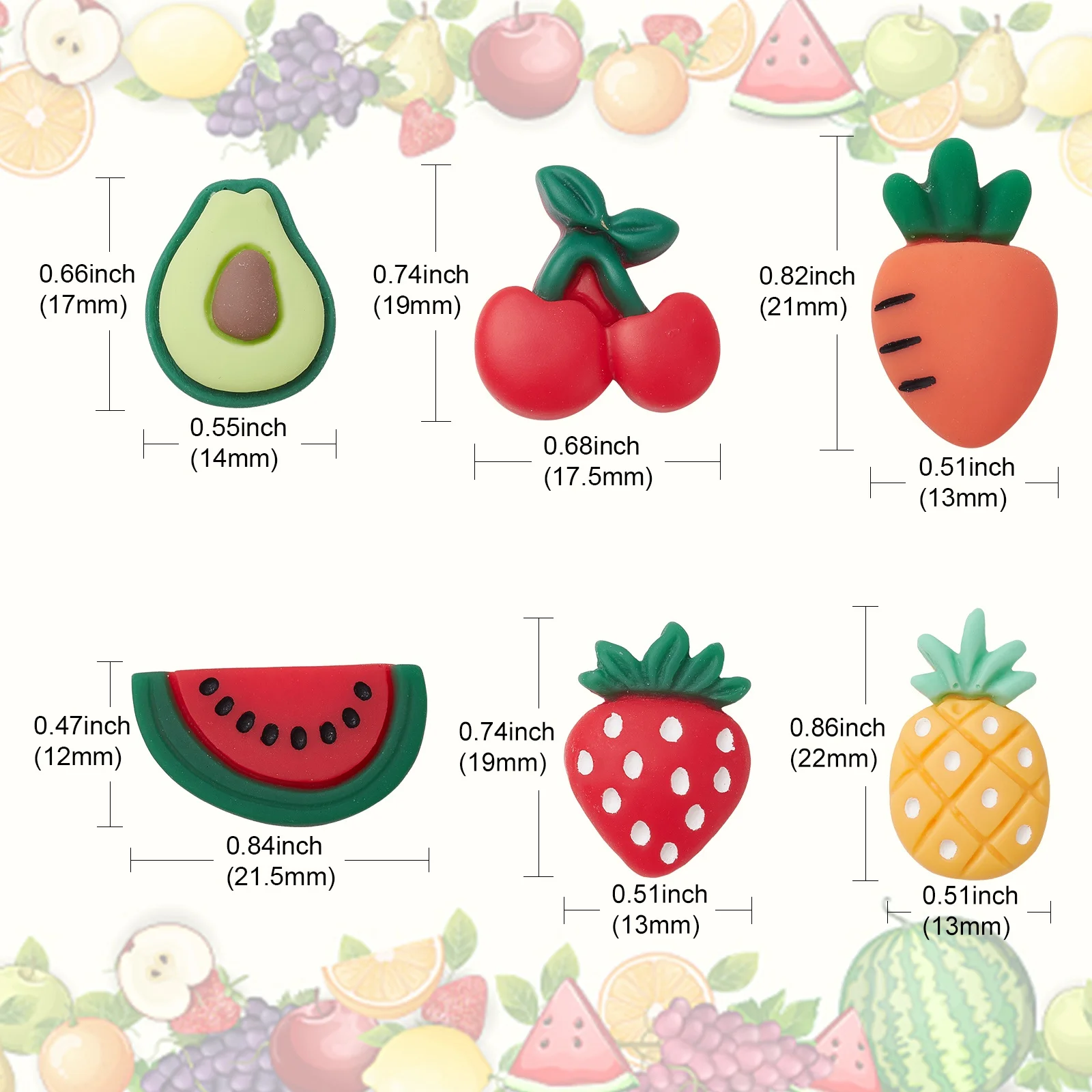 100Pcs 6 Styles Resin Fruit Flatback Charms Opaque Resin Cabochons Strawberry Avocado Cherry Embellishments for DIY Craft Making