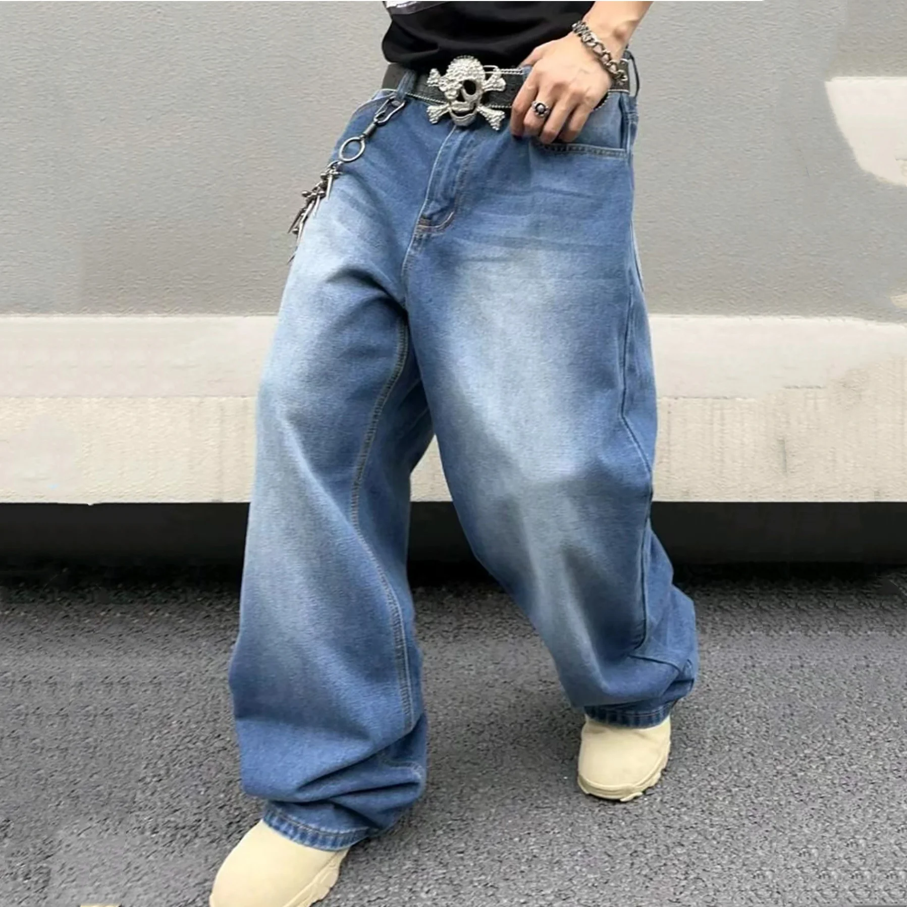 

Vintage Men Y2k Stretchy Baggy Denim Jeans for Men Fashion Casual Pants Streetwear Denim Hip Hop Wide-Leg Straight Trousers