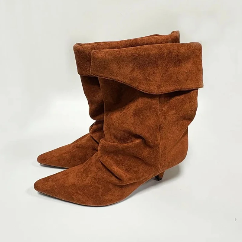 

Sexy Pointed Toe Ankle Boots for Women Fashion Faux Suede Turned-Over Edge Low-Heel Short Boots Ladies Elegant Stiletto Shoes