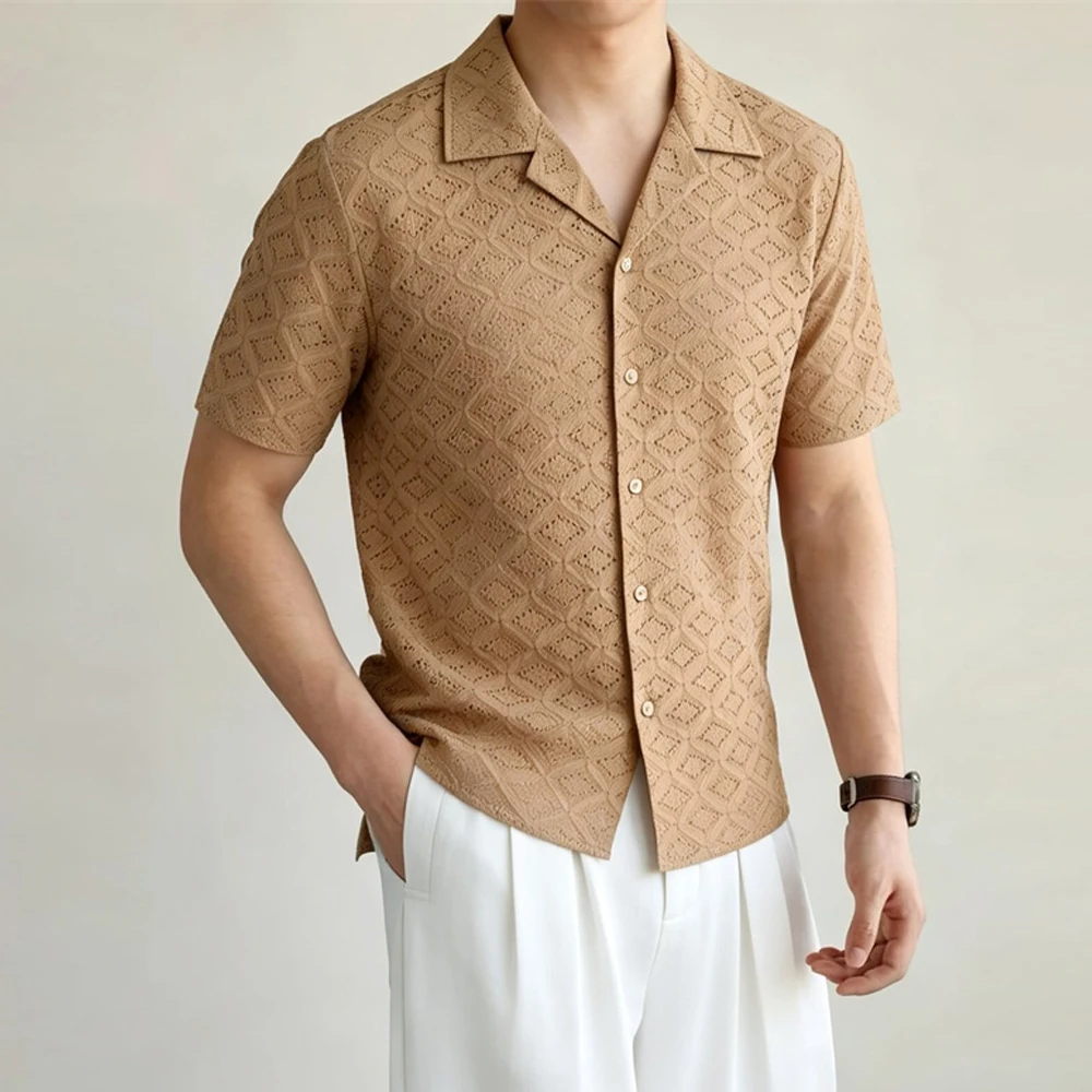 Fashion Hole Hollowed-out Hawaiian Shirts for Men Summer Short Sleeved Man Casual Shirt Streetwear Summer Holiday Beach Tops