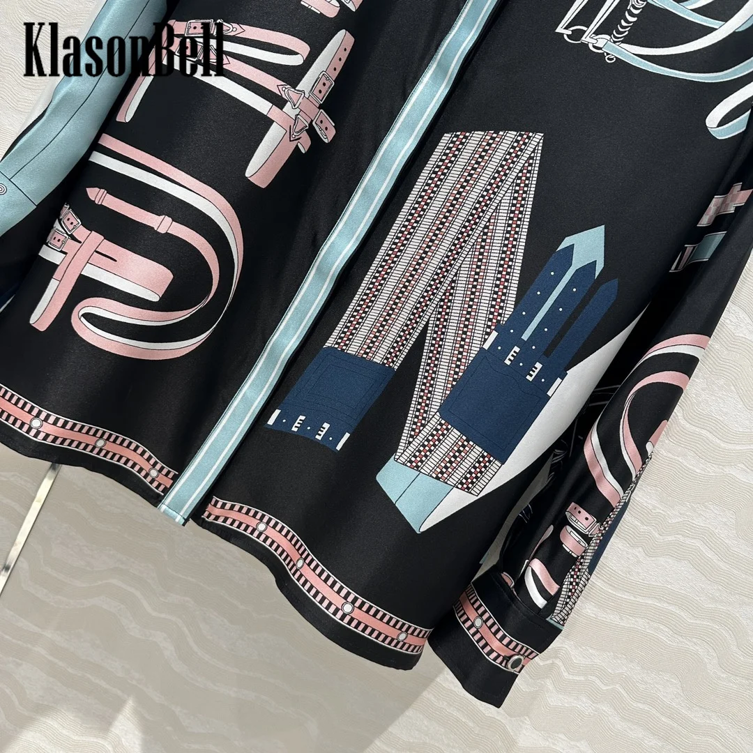 8.14 KlasonBell Women Classic Bridle Geometric Print Shirt 100% Silk Temperament Lapel Loose Casual Blouse Autumn New