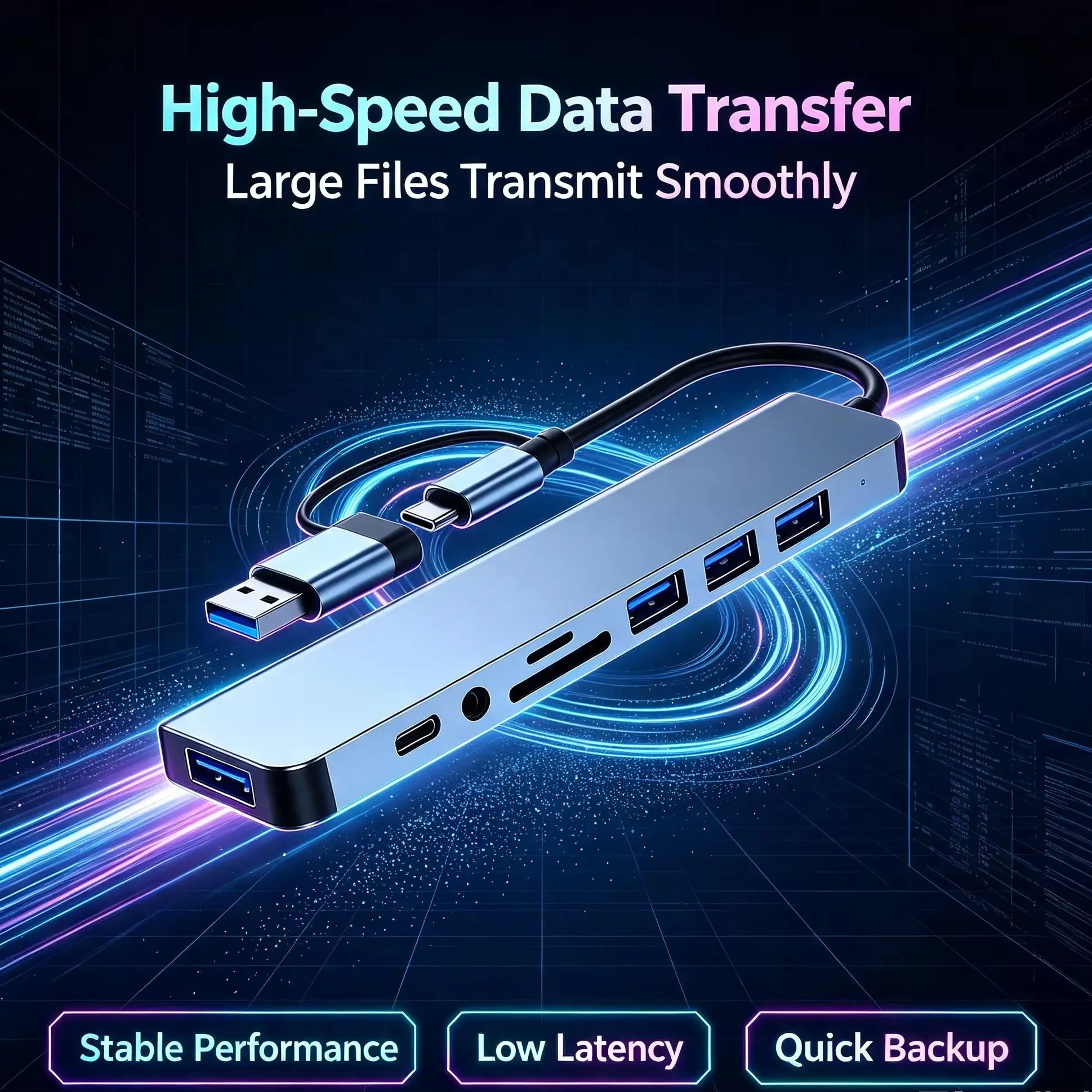 8 IN 2 Dual Plug USB‑A Type‑C Hub High‑Speed USB 3.0 Splitter TF/SD Card Reader 3.5mm Audio Port Aluminum OTG Adapter For Window