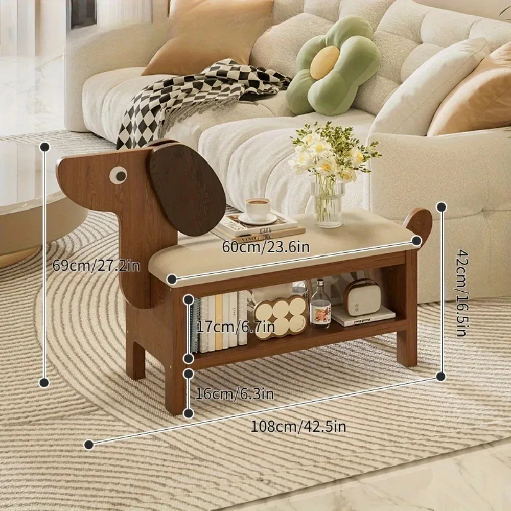Funny Shoe Bench with Seat Cushion Storage Bench Wooden Shoe Rack Organizer Rustic Solid Wood Dog Design Entryway for Hallway