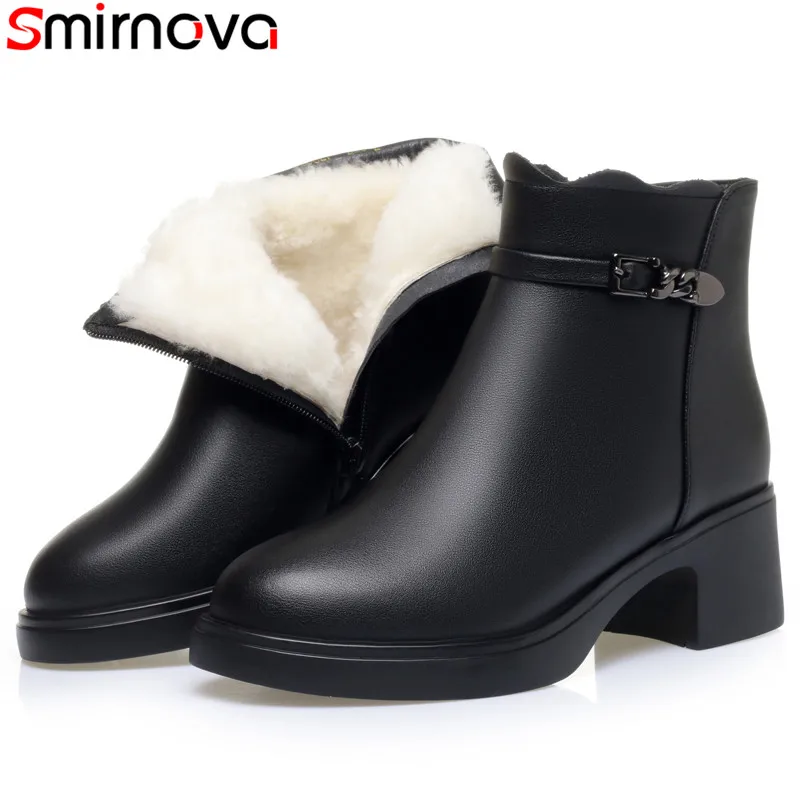 Smirnova Size 35-42 Warm Wool Winter Snow Boots Zipper Chunky Heels Zipper Ankle Boots Black Classic Split Leather Short Booties