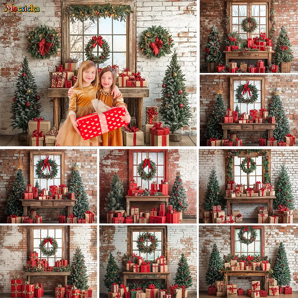 

Christmas Gift Booth Photography Background for Kids Window Wreath Xmas Tree Backdrop Retro Red Brick Wall Decor Photo Studio