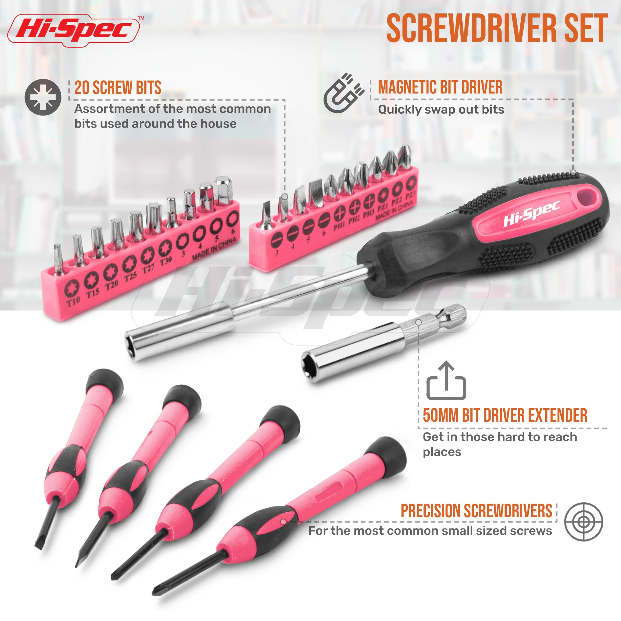 Hi-Spec 40-teiliges professionelles Heim- und Handwerkzeug-Set, magnetischer Bit-Treiber, Schraubendreher und mehrschichtiger Koffer – Damen-DIY-Kits für den Haushalt