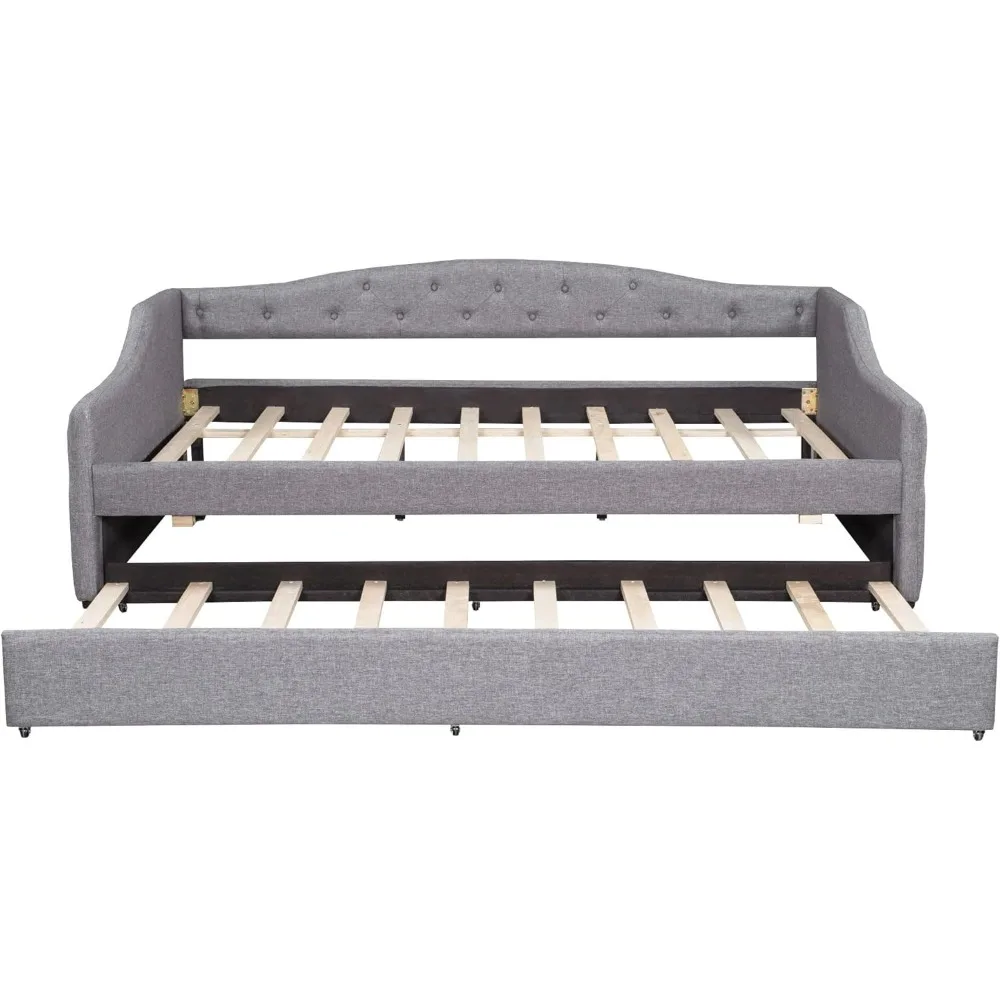 سرير نهاري XL مع إضاءة LED، إطار سرير نهاري مغطى بالكتان مع شرائح من الخشب الصلب لسكن الضيوف #4