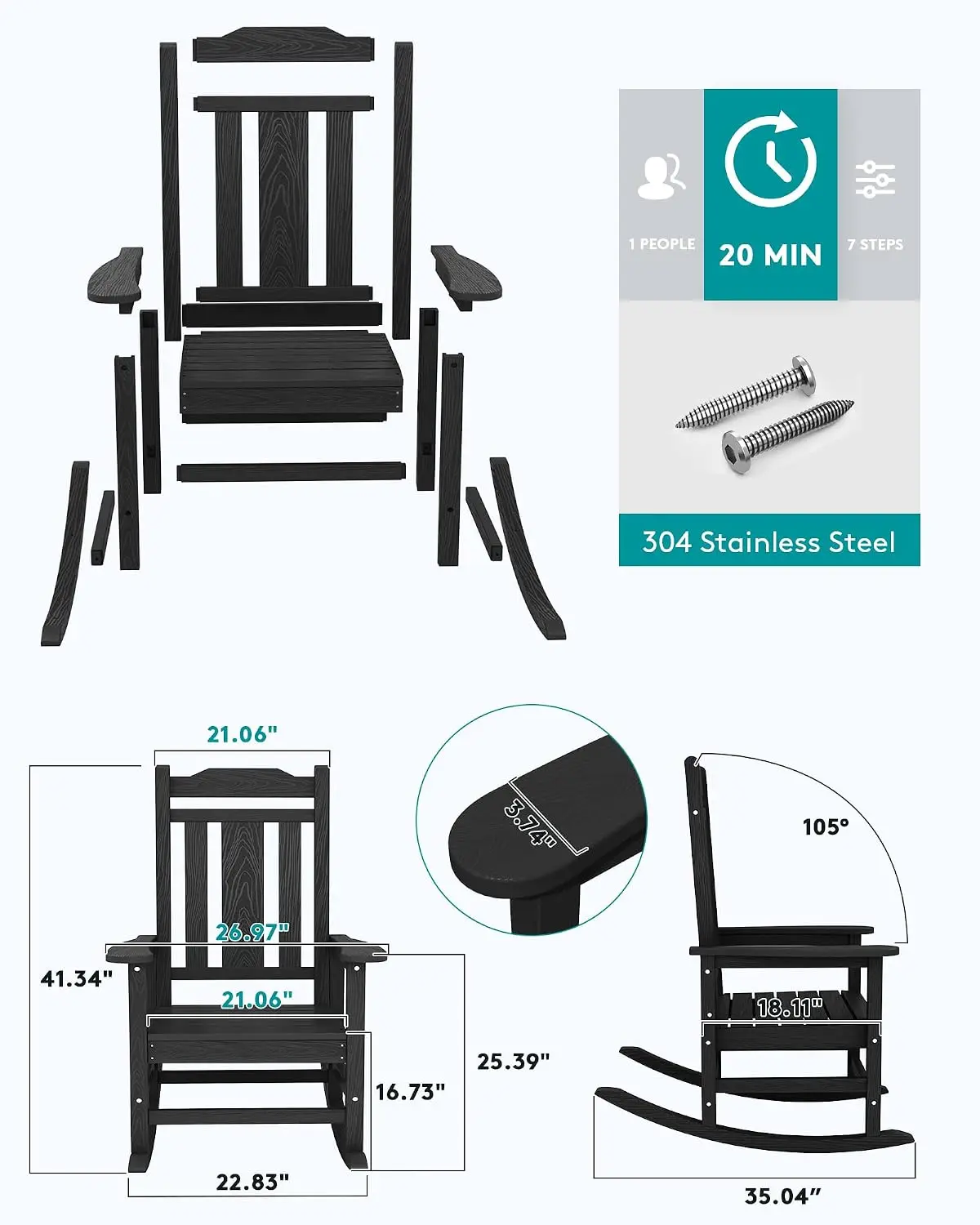 Oversized Outdoor Rocking Chair Set of 2, HDPE Patio Porch Rocker, Heavy Duty All Weather Durable for Adults, Black, Customized