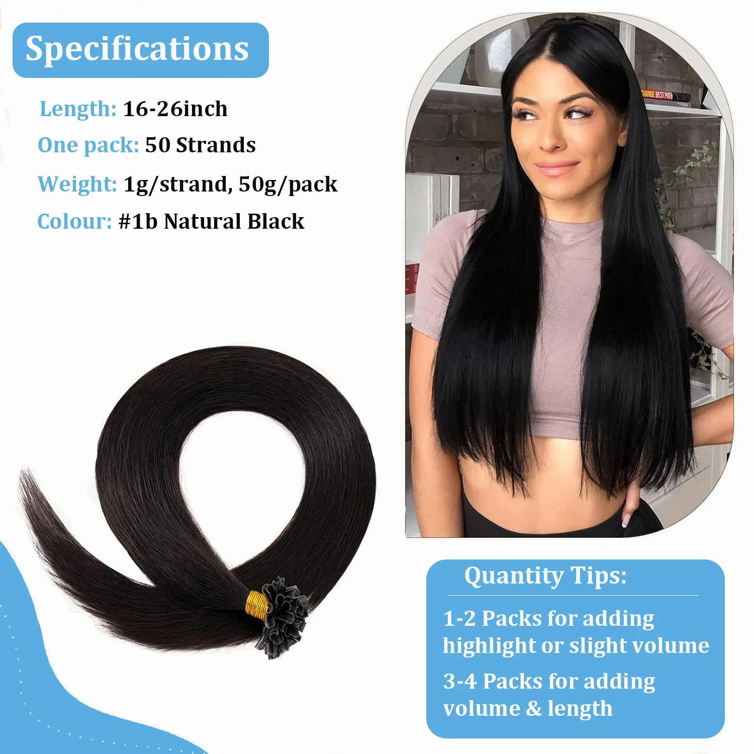 Happy Monday Brazilian Remy 100% Human Fusion U Tip Hair Extensions for Nail Tip Full Head Long Lasting 50g Natural Hair