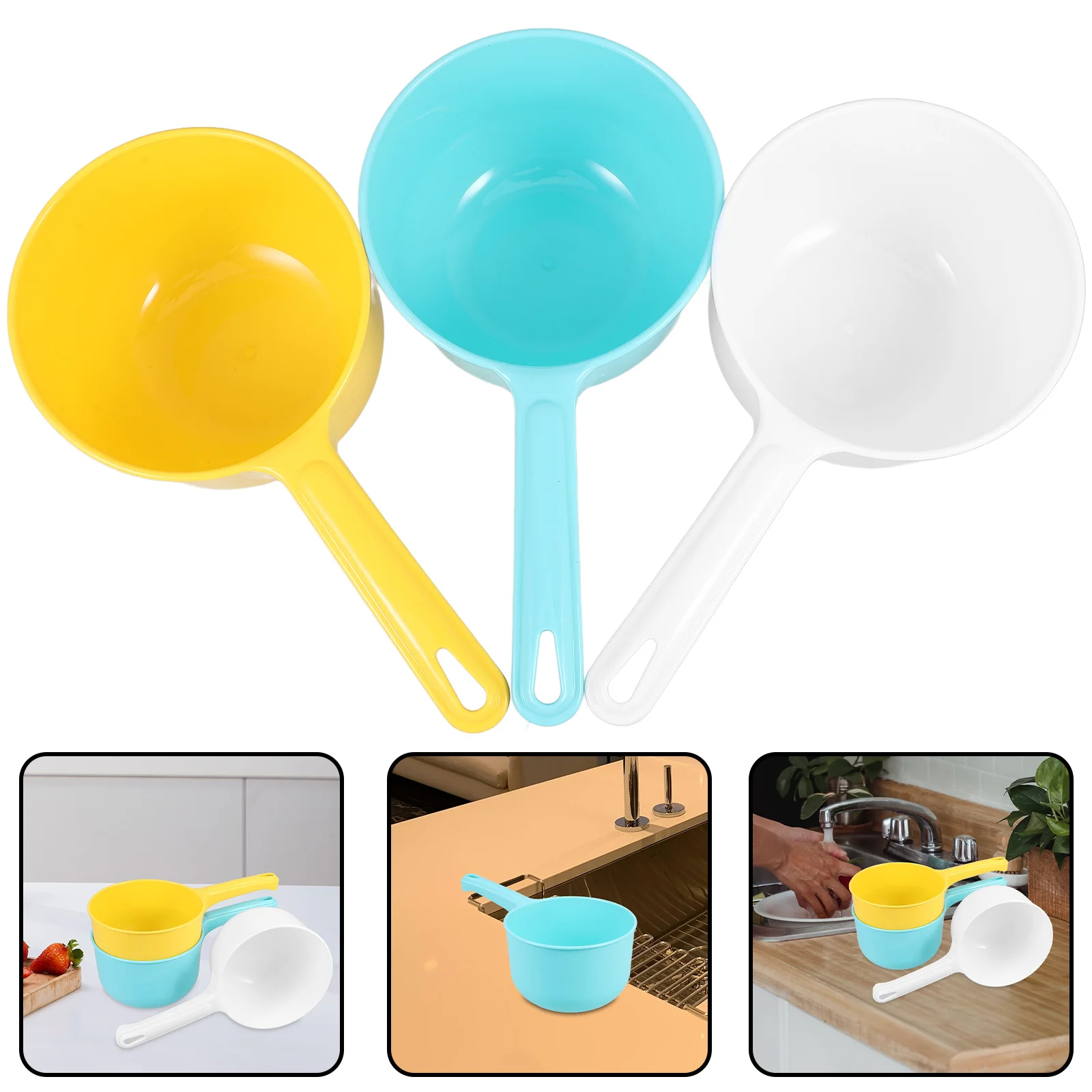 

3pcs Water Scoop Ergonomic Handle Kitchen Bathroom Ladle Washing Vegetables Fruits Shower Bathing Plant Watering Thick Plastic