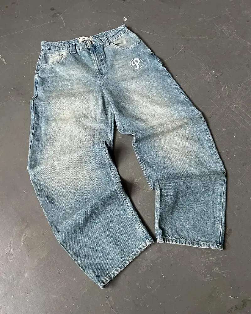 Jean Baggy Bleu Vintage à Taille Haute et Jambes Larges pour Homme, Pantalon de Style Hip Hop, avec Broderie de Lettres, Y2K Protect Streetwear, Harajuku